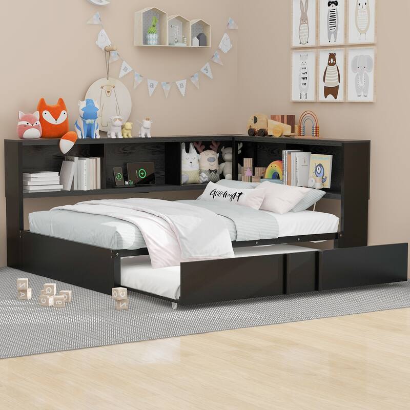 Full Size Metal Daybed with Trundle, Storage Cabinets, and USB Ports in Black