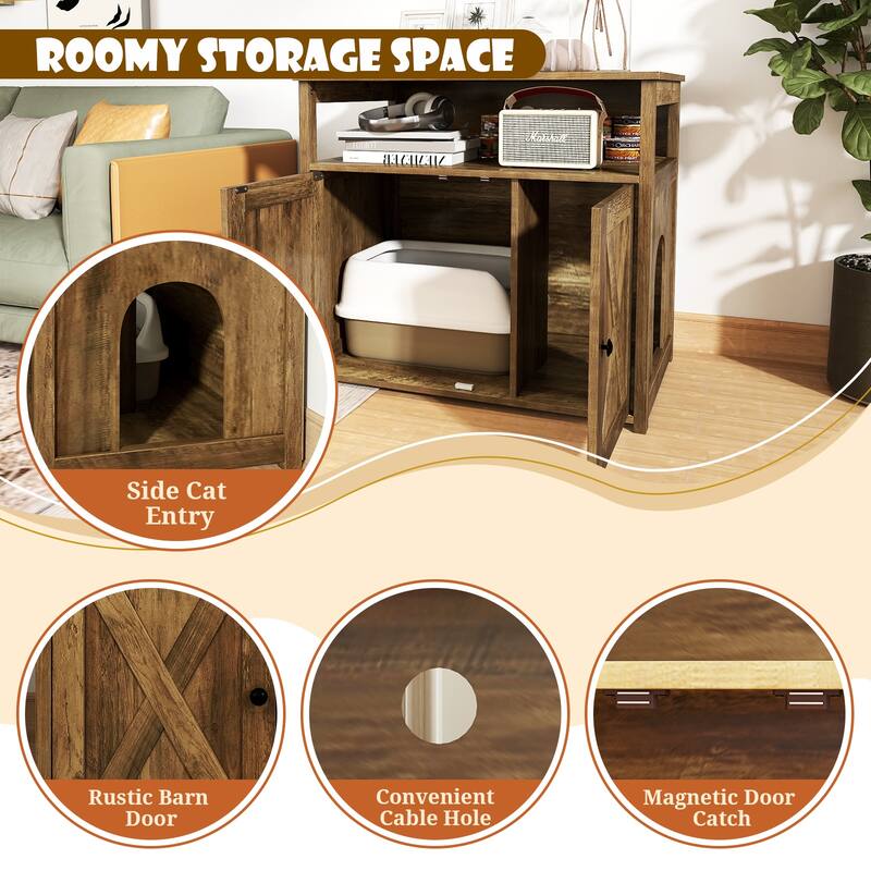Cat Litter Box Enclosure with Double Barn Doors Divider Side Entry and Storage Shelf
