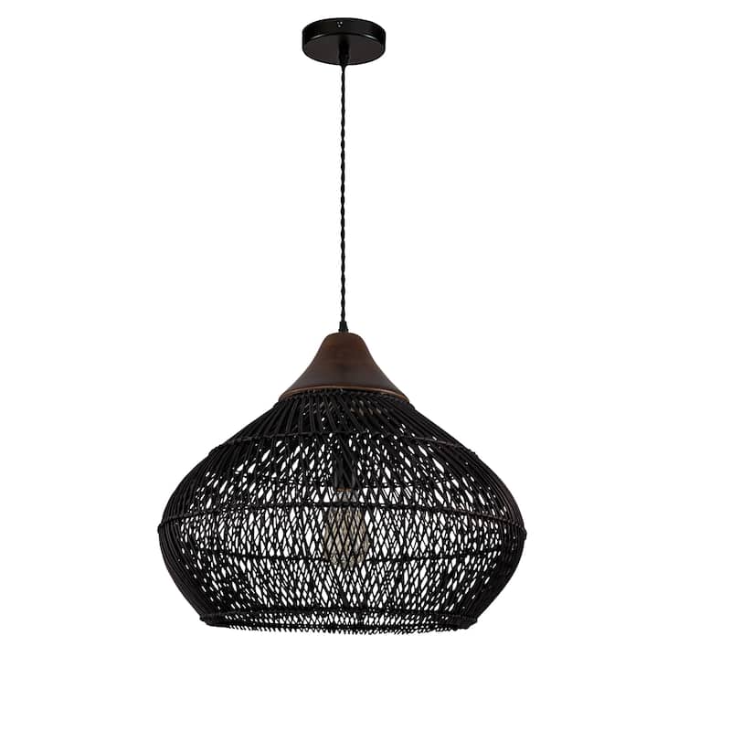 Zula Coastal Large Rattan Pendant Light Matte Black Rustic Wood Accent Ceiling Light - 19.7