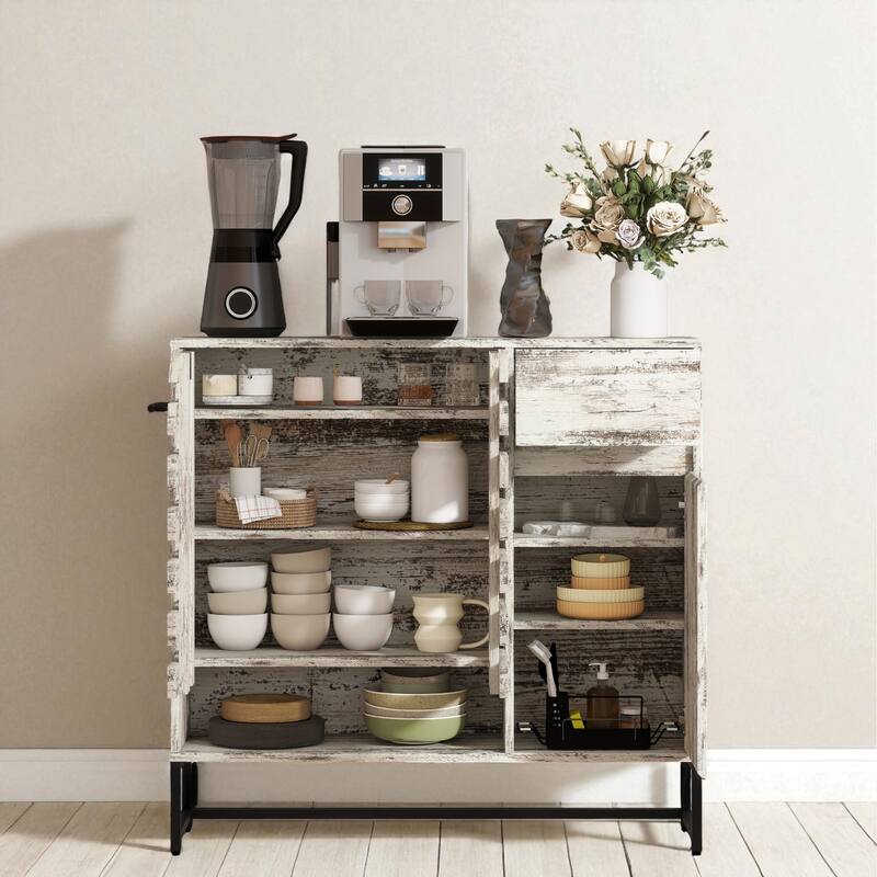 Rustic 44" Coffee Bar Cabinet with Storage, Farmhouse Buffet Console Table with Drawer and Arched Metal Lattice Doors