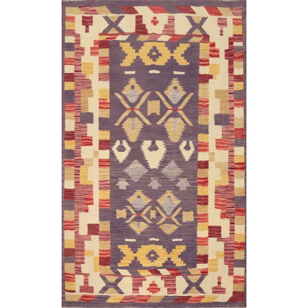 Hand Woven Oriental 100% Wool Carpet Southwestern Tribal Purples Kilim Area Rug - 5' 10'' X 4' 1''