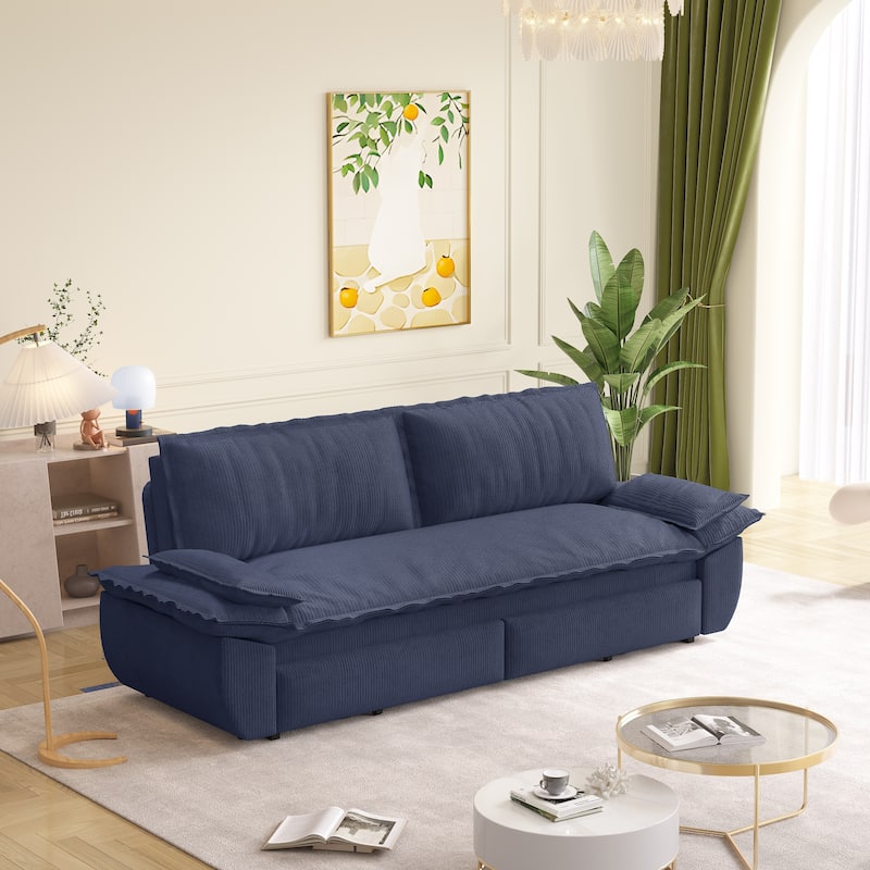 73.2" Queen Pull Out Sofa Bed, 3-in-1 Convertible Sleeper Sofa, Multi-Functional Corduroy Loveseat Bed - Blue