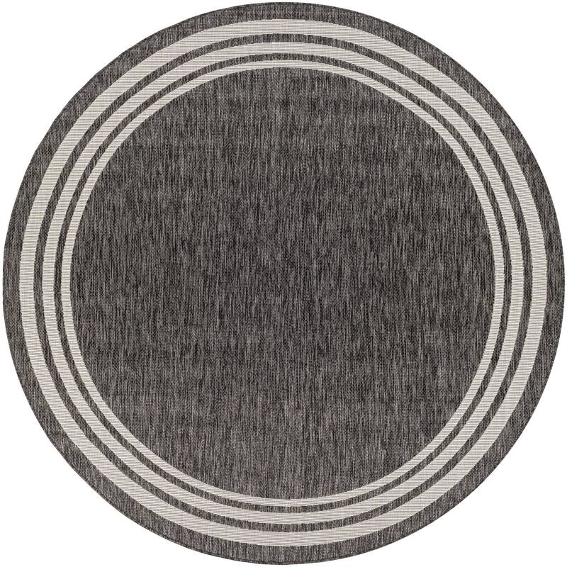 Livabliss Eagean Updated Traditional Stripe Indoor / OutdoorArea Rug - 7'10" x 7'10" Round - Charcoal