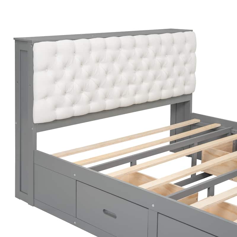 Wood Queen Size Platform Bed with Upholstered Storage Headboard, Bed Foot Shoe Rack and 4 Storage Drawers for Bedroom