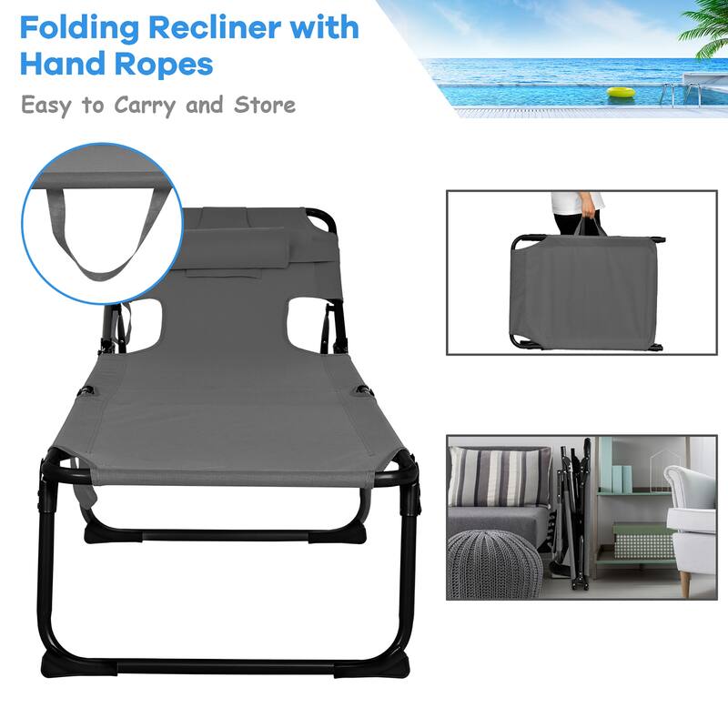 Goplus Outdoor Beach Lounge Chair Folding Chaise Lounge with Pillow - See Details