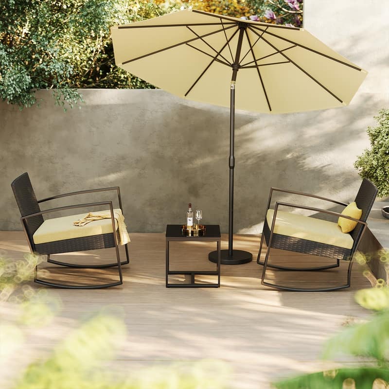 3 Pieces Wicker Patio Set Outdoor Rocking Bistro Patio Outdoor Furniture Rattan Sets with Cushion, Chair Set with Glass Table
