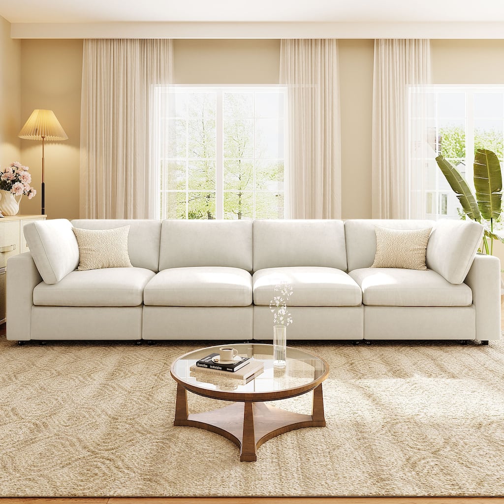 Roomfitters 133.5" Upholstered Modular Sectional Sofa with Storage Space and Built-in USB Charging for Living Room, Beige