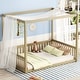 preview thumbnail 3 of 32, Full Size Pine Wood Canopy Frame Floor Bed with Fence and Guardrails for Bedroom