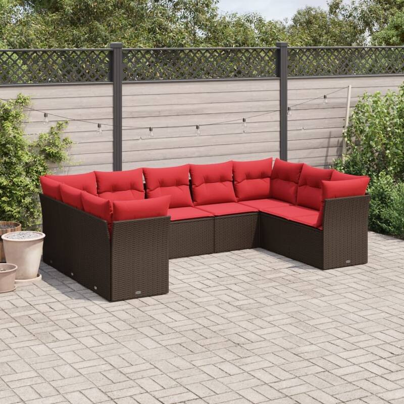 vidaXL 9/10 Piece Patio Sofa Set with Cushions Black/Brown/Gray Poly Rattan - 21.7 x 24.4 x 27.2
