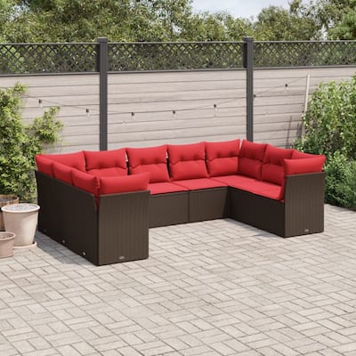 vidaXL 9/10 Piece Patio Sofa Set with Cushions Black/Brown/Gray Poly Rattan - 21.7 x 24.4 x 27.2