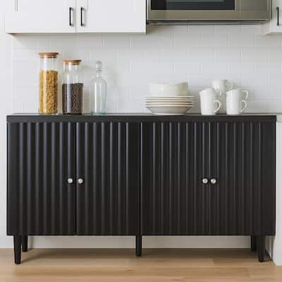 Homy Casa Modern Black Sideboard with Wavy Doors, Adjustable Shelves