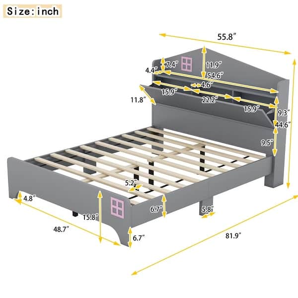 dimension image slide 1 of 2, Wooden Full Size House Bed with Storage Headboard and Shelf, Kids Bed