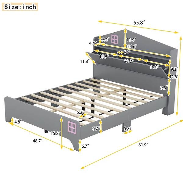 dimension image slide 2 of 4, Wooden Full/Twin Size House Bed with Storage Headboard for Kids, Sturdy Plywood and Particle Board Construction