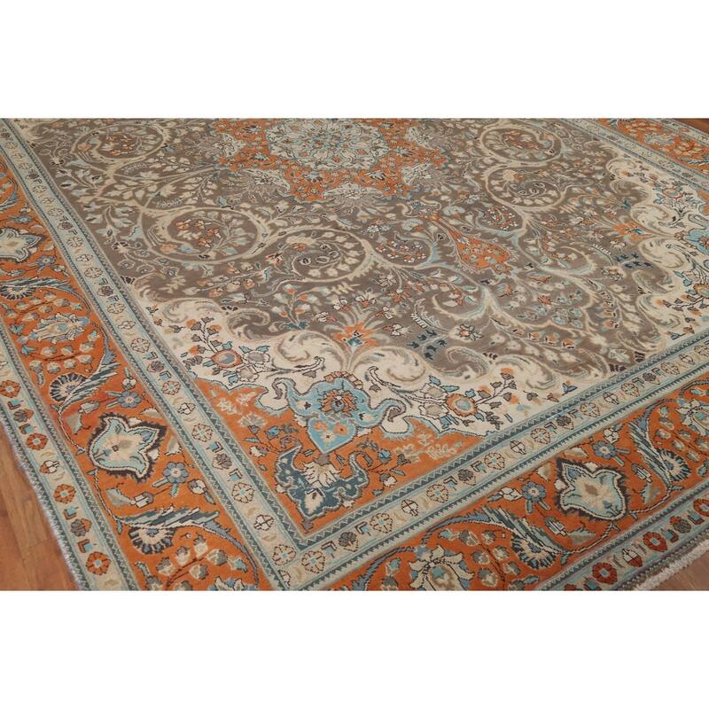 Brown Floral Tabriz Persian Area Rug Hand-Knotted Wool Carpet - 9'6"x 13'0"