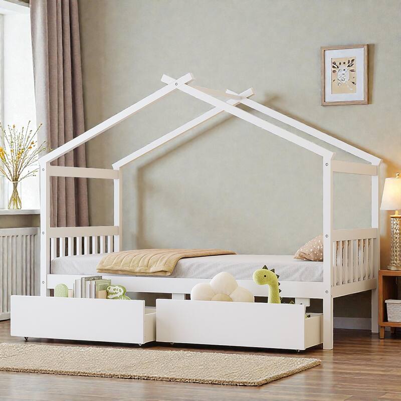 Twin/Full Size Wooden House Bed with Roof and 2 Drawers, Kids Platform Bed with Storage, Solid Pine Frame - White - Twin