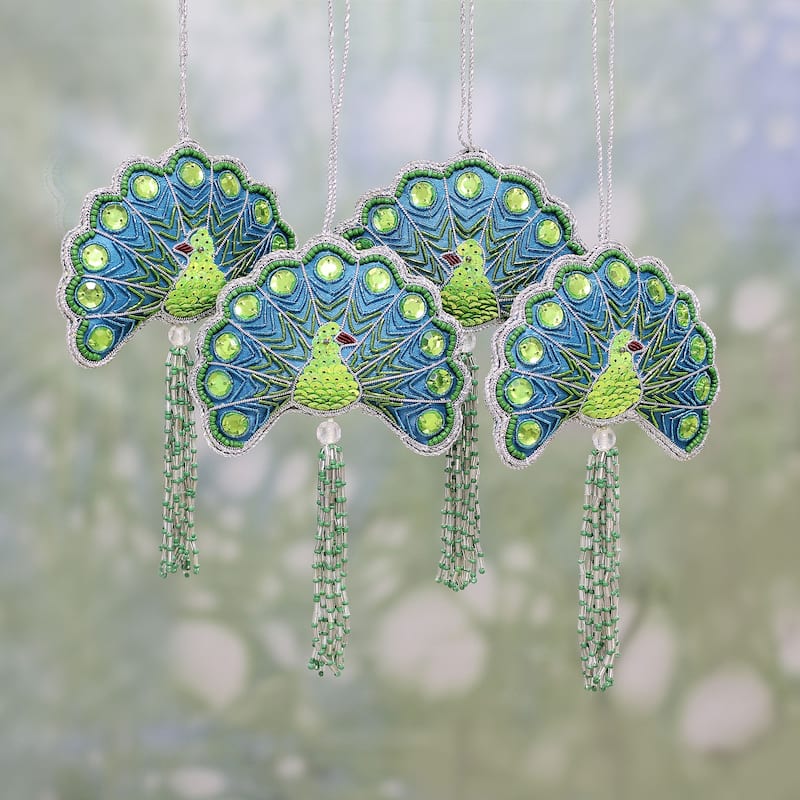 NOVICA Handmade Set of 4 Beaded Ornaments, 'Glorious Peacocks' (India)