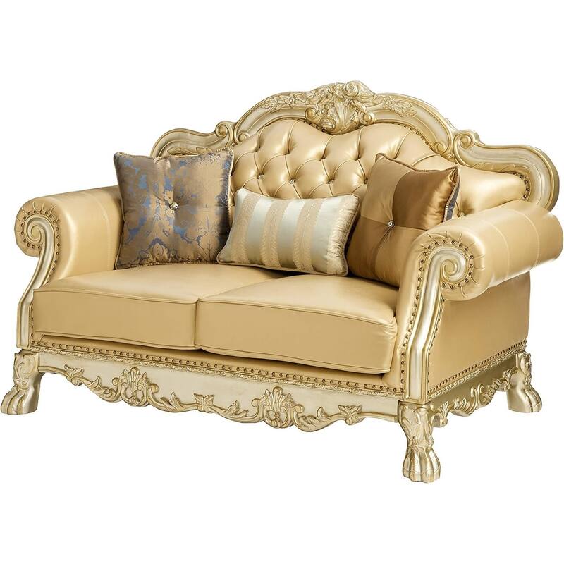 HomeRoots 64" Bone And Gold Faux Leather Loveseat and Toss Pillows - 64.00 in. x 43.00 in. x 38.00 in.
