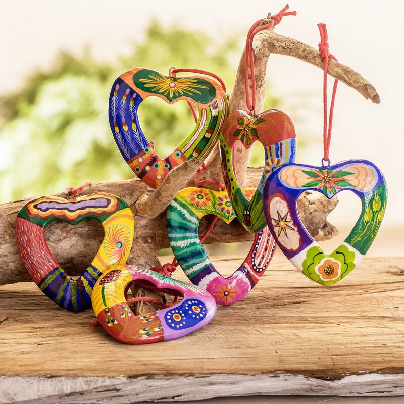 Novica Handmade Flora And Fauna Heart Ceramic Ornaments (Set Of 6)