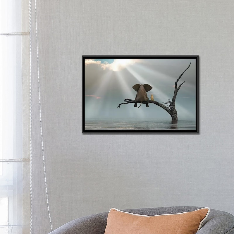 iCanvas "Elephant And Dog Are Sitting On A Tree Fleeing A Flood" by Mike Kiev Framed Canvas Print