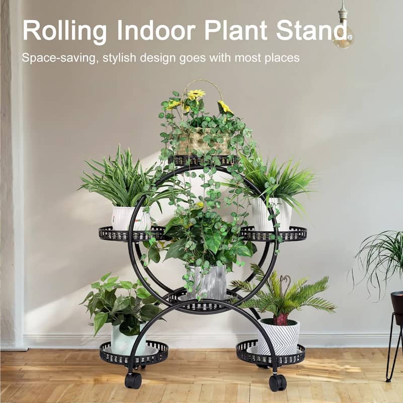 Flower Pot Holder Metal Plant Stand Shelf with 4-Wheel