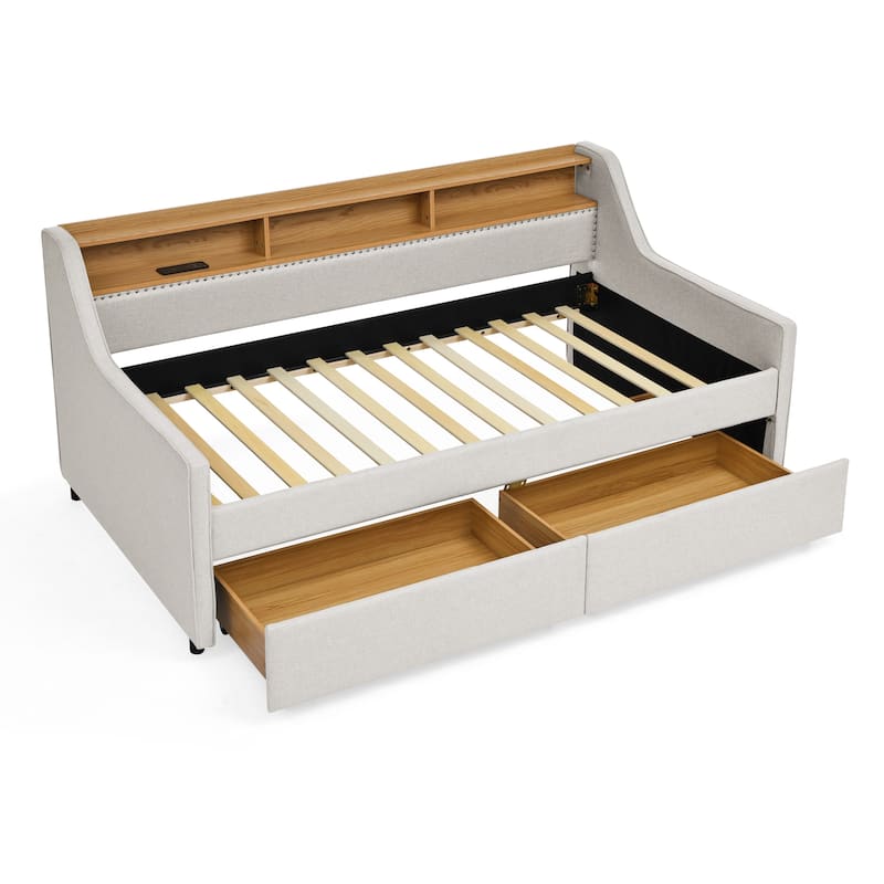 Anmytek Beige Linen Upholstered Twin Sofa Bed with LED Lights and Wireless Charging