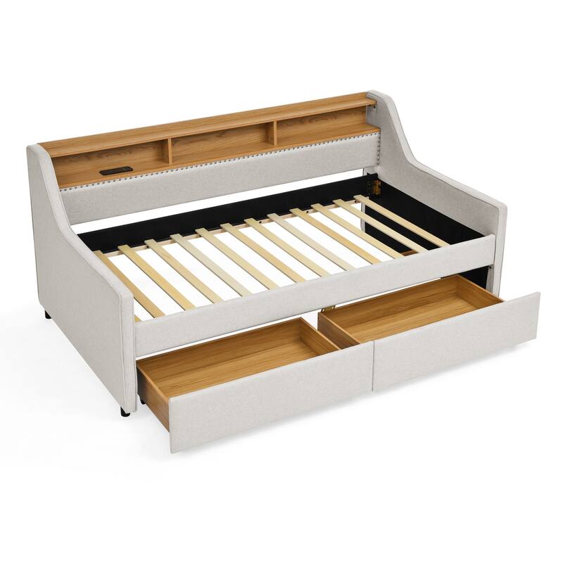 Roomfitters Twin Upholstered Sofa Bed with Adjustable Storage Headboard, Backlit Shelf and Underbed Storage Trundle