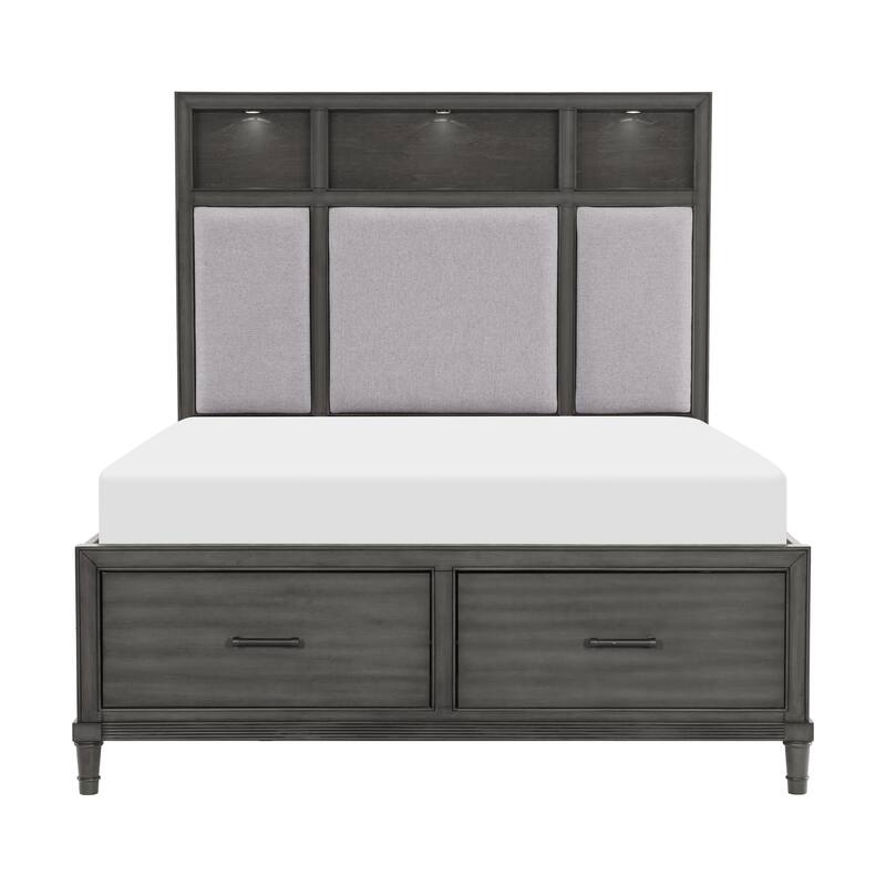 Celia Queen Platform Bed, 2 Drawers, Shelves on Headboard, Pebble Gray