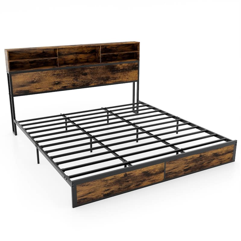 Metal Platform Bed Frame with Headboard Storage and USB Charging Ports
