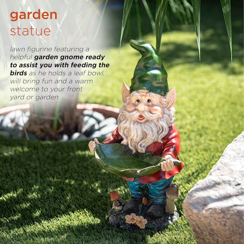 Alpine Corporation 16" Tall Outdoor Garden Gnome and Bird Feeder Yard Statue Decoration