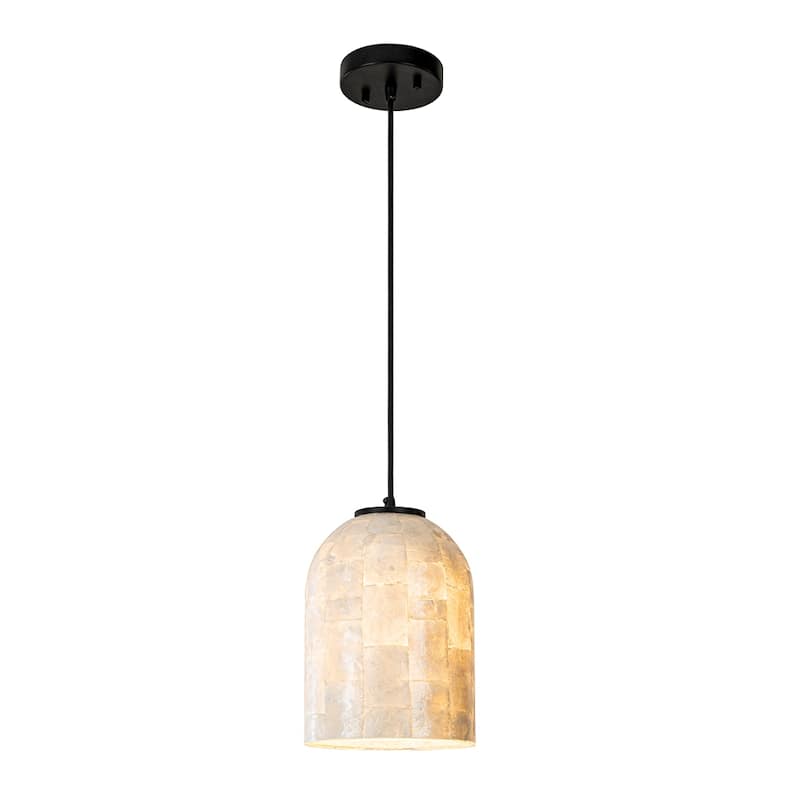 1-Light 7'' Modern Farmhouse Natural Capiz Seashell Single Pendant Light Coastal Cylinder Hanging Light For Kitchen - W7''