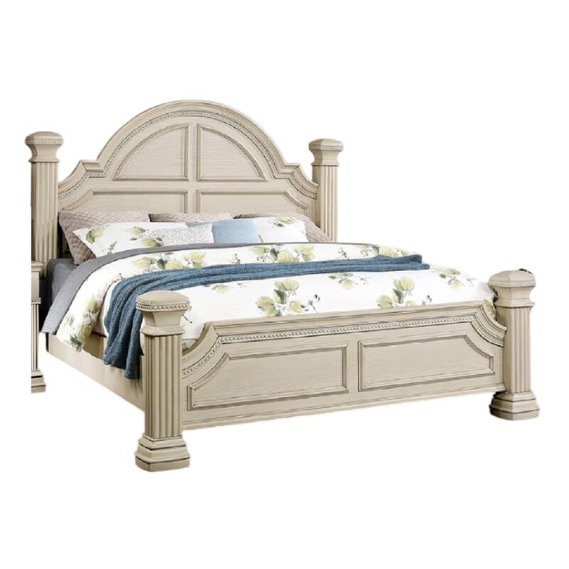 Akia King Bed, Antique White Solid Wood, Reeded Posts, Molded Trim
