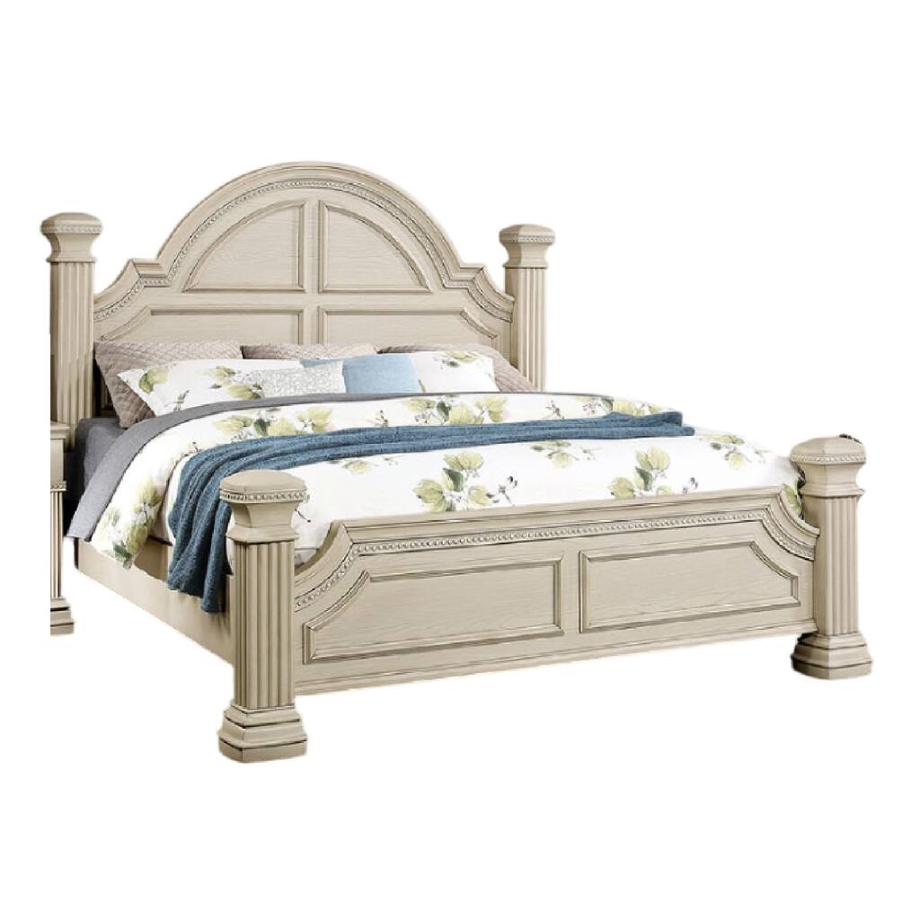 Akia King Bed, Antique White Solid Wood, Reeded Posts, Molded Trim
