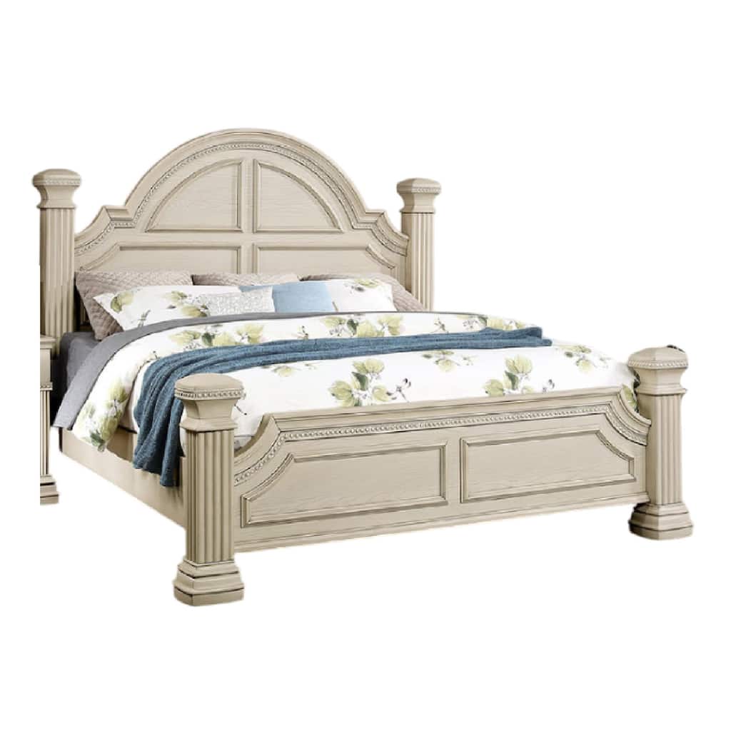 Akia Queen Bed, Antique White Solid Wood, Reeded Posts, Molded Trim