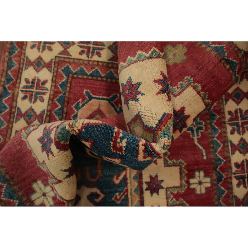 Hand Knotted Oriental 100% Wool Carpet Traditional Geometric Beige & Ivories Kazak Area Rug - 5' 4'' X 3' 7''