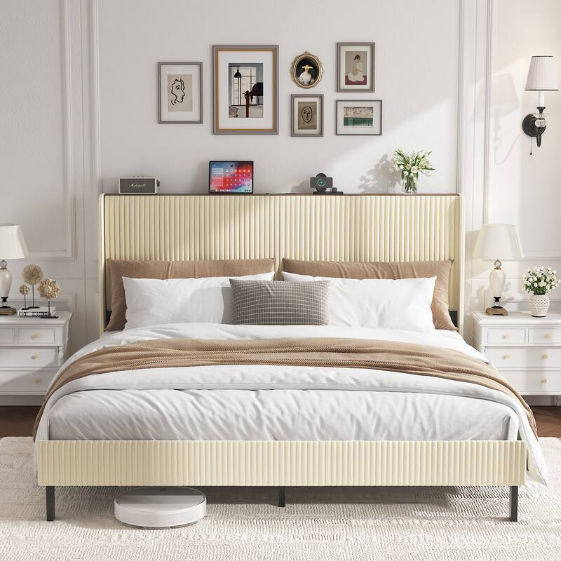 Roomfitters Metal Platform Bed Frame with Charging Station, Heavy Duty Mattress Foundation, No Box Spring Needed, Beige