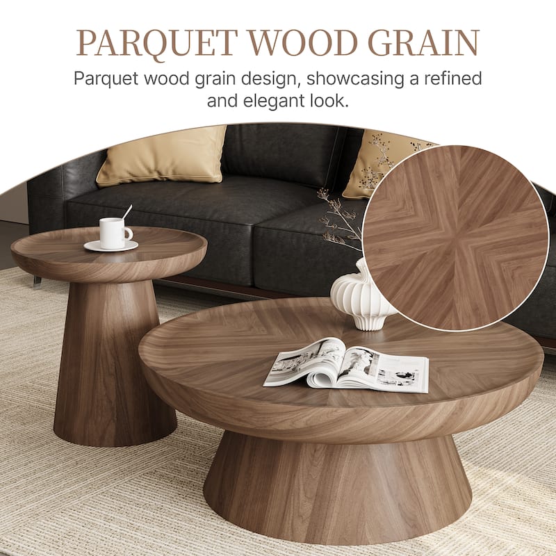 Round Walnut Nesting Coffee Tables 2-Piece Set - Modern Living Room Wooden Accent Tables, Stackable & Separable