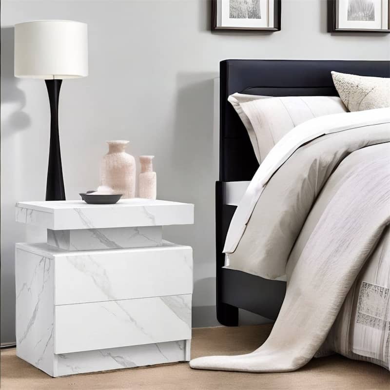 Modern Bedroom Nightstand with LED Lights Decoration and 2 Drawers