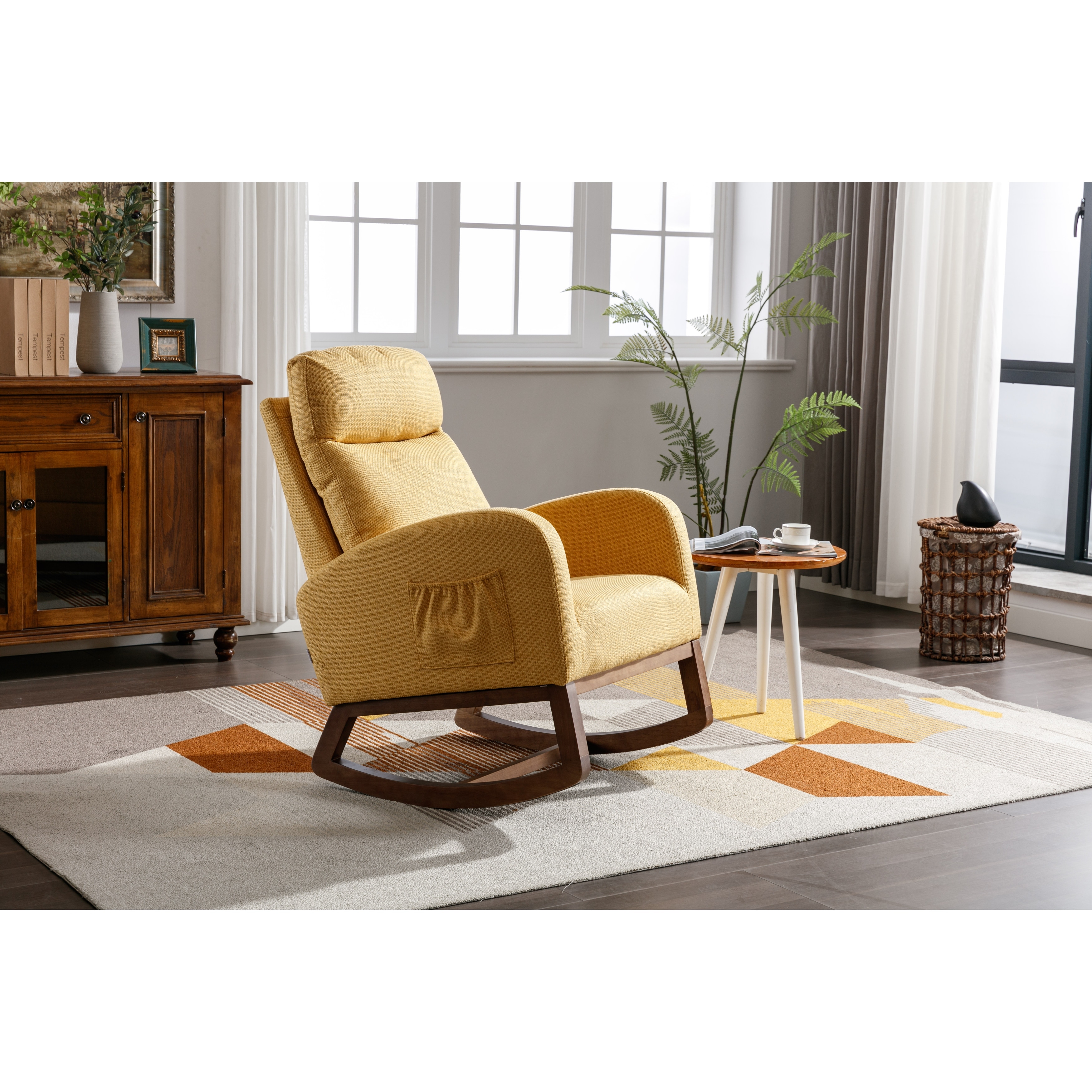Modern Living Room Chair Classic Chair Leisure Rocking Chair Solid Wood Legs with Storage Bag for Living Room Bedroom