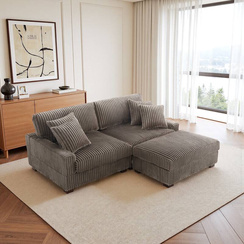 Plush Corduroy Modular Sectional Sofa Comfy Couch - Light Brown