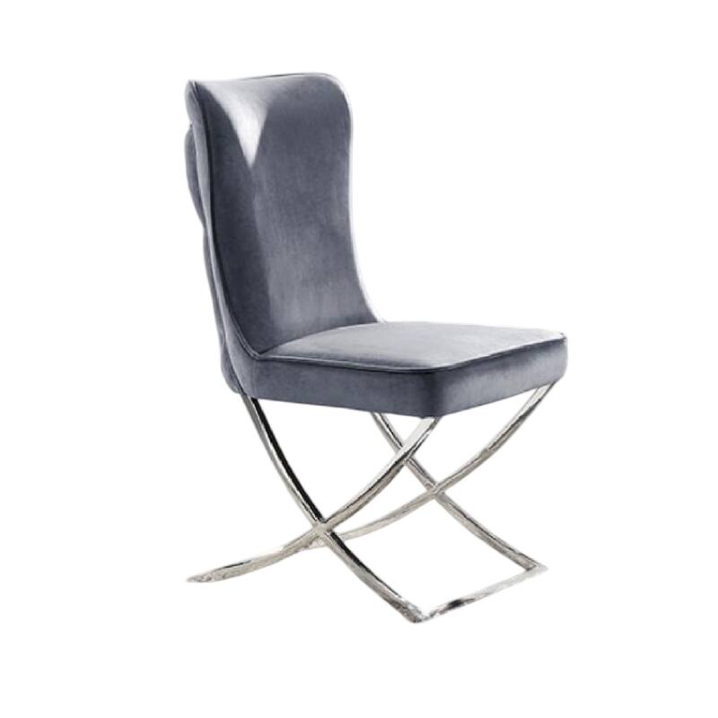 Waden Side Dining Chair Set of 2, Chrome Metal, Gray Button Tufted Velvet