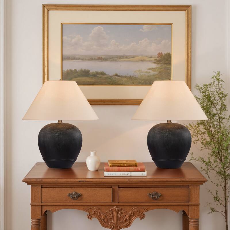 Modern Ceramic Table Lamp with Cone Linen Shade - Small:15.6"Wx15.6"Dx18"H - Black White-2SET