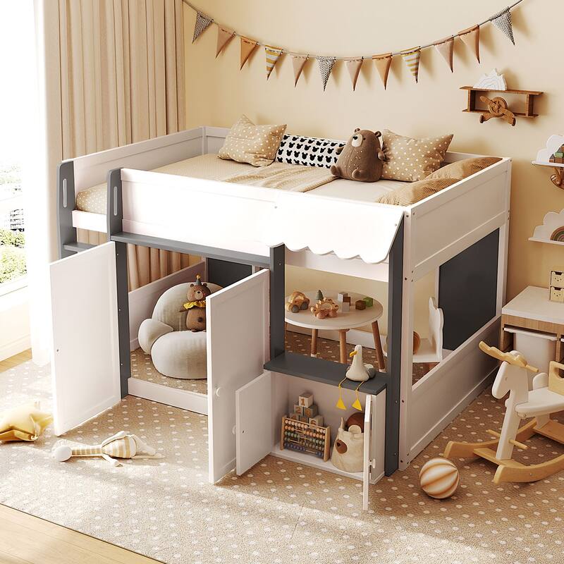 Full Size Loft House Bed with Playhouse Design & Storage, Modern Wooden Cabin Bed with Guardrails and Ladder for Kids, Teens - White+gray