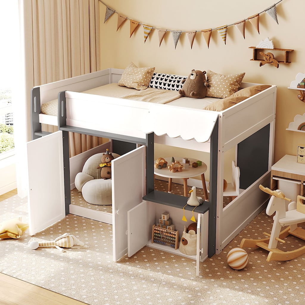 Full Size Loft House Bed with Playhouse Design & Storage, Modern Wooden Cabin Bed with Guardrails and Ladder for Kids, Teens