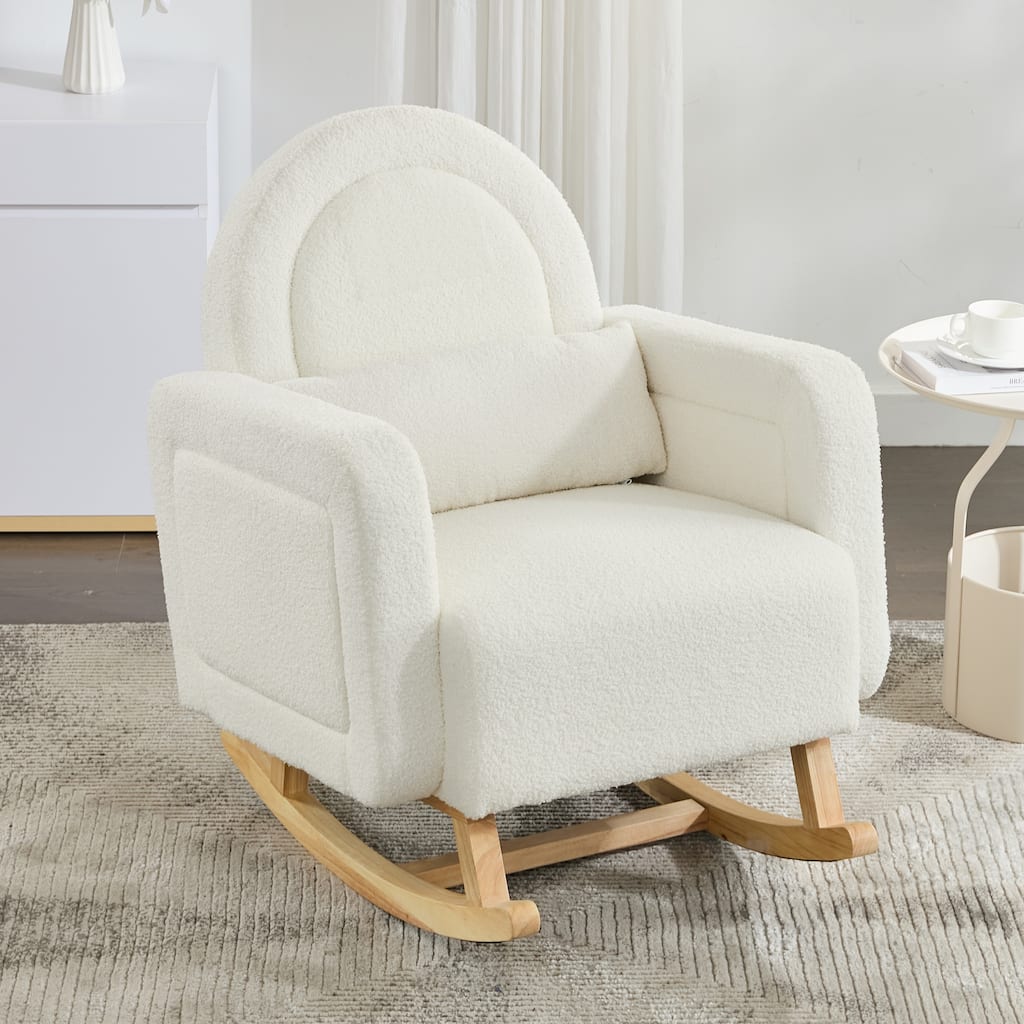 Accent Rocking Chair with Curved Back & Pillow, Ultimate Comfort for Your Home, Teddy Velvet, Cream White