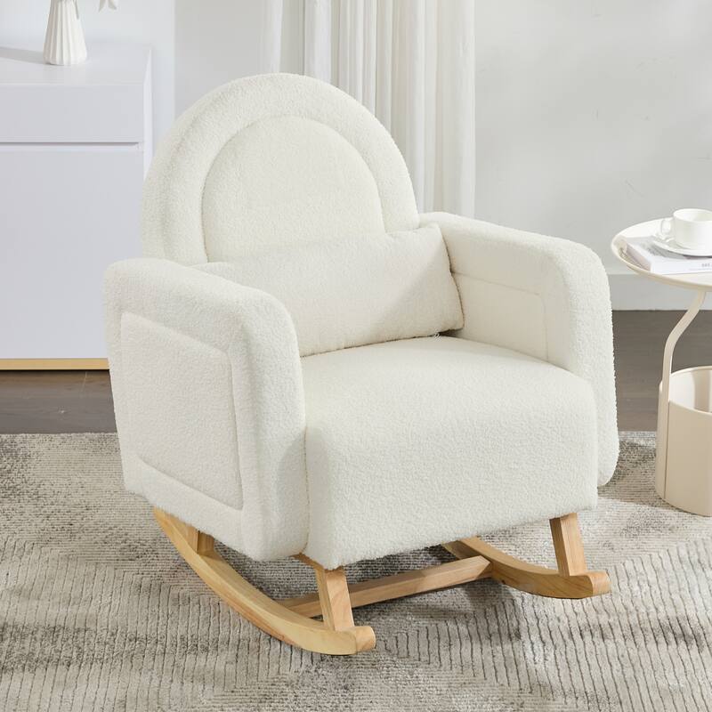Wooden Base Nursery Rocking Chair, Cream White Accent Chair Lounge Chair with Curved Back & Pillow
