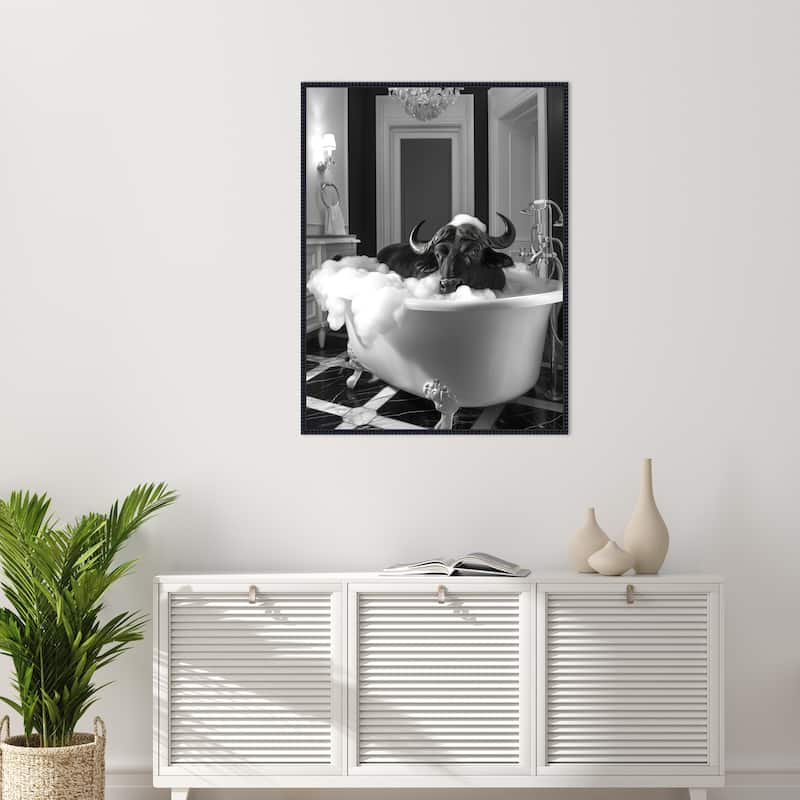 Curious Buffalo In the Tub by Niky Rahner Framed Canvas Wall Art