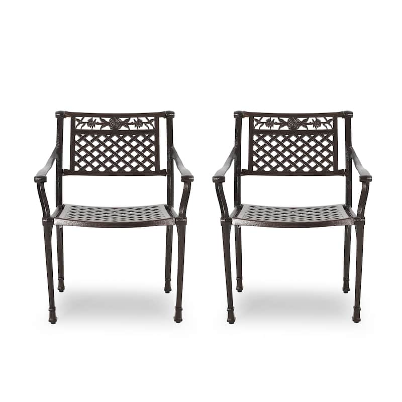 Roomfitters Cast Aluminum Outdoor Chair Set with Lattice Backrest and Classic Arm Design for Patio or Garden Seating, Bronze