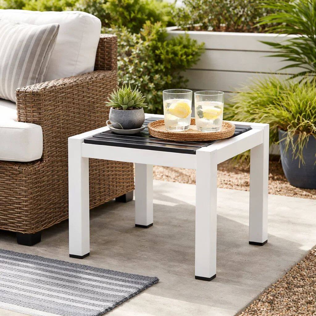 Josh 18 Inch Side End Table, Jet Black Polyresin Planks, Aluminum Frame