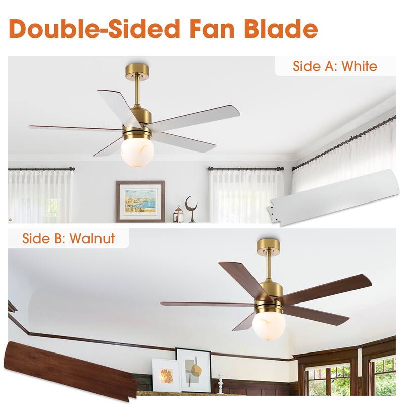 52" Modern Globe Frosted Glass Gold Dimmable Ceiling Fan with Light and Remote