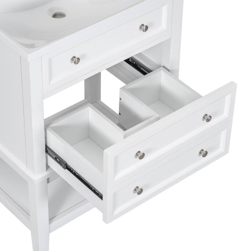 24" White Bathroom Vanity Base - Solid Wood & MDF Cabinet, Open Shelf & Drawer, Freestanding Design